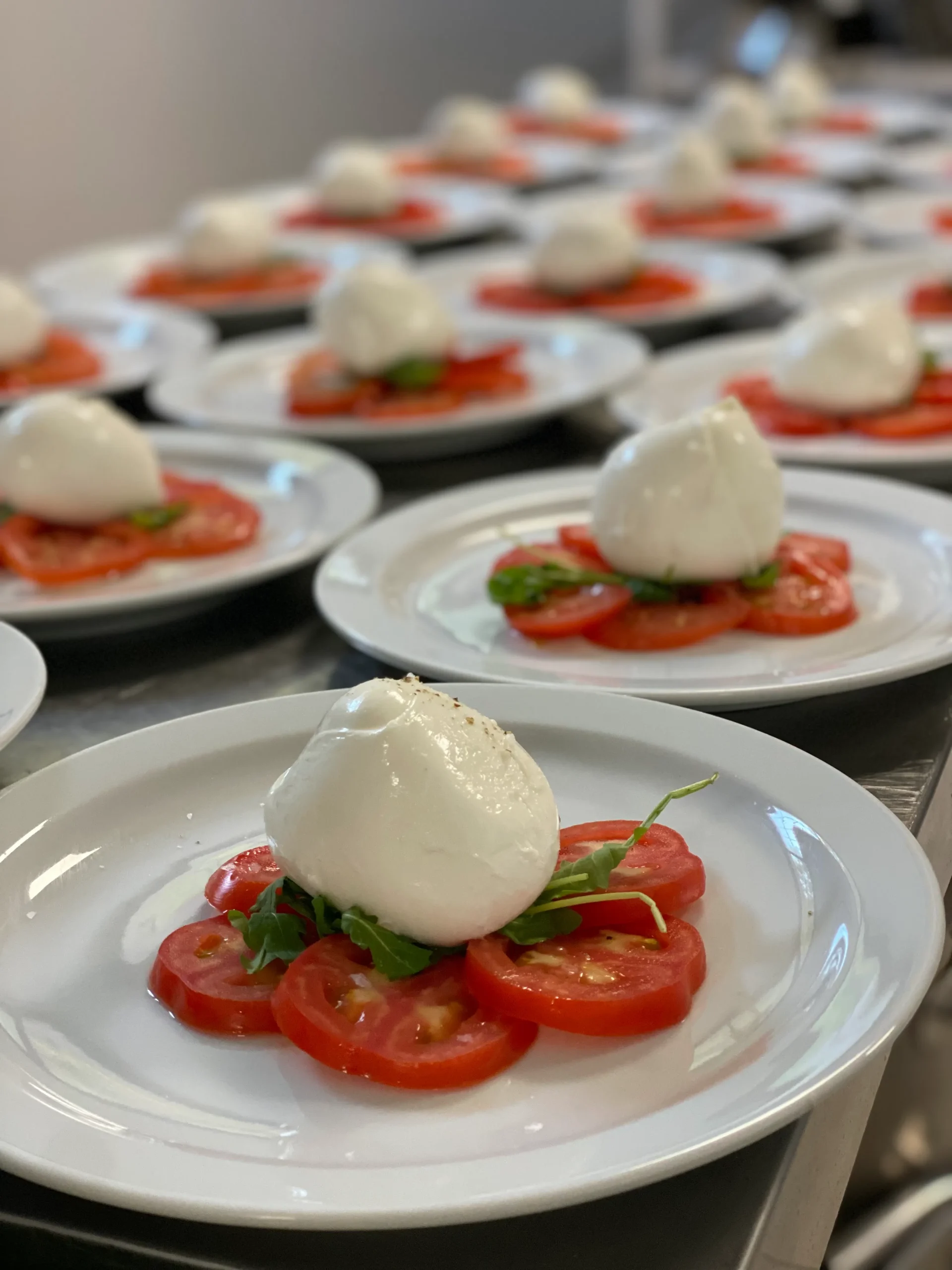 Detailed angled shot of multiple Caprese salad plates arranged in rows on a professional kitchen surface. Each circular white plate features a base of fresh red tomato slices arranged in a flower shape, topped with a ball of white buffalo mozzarella cheese, green arugula leaves, and a touch of ground black pepper. The focus is sharp on the first plate, while the rest gradually blur toward the background.